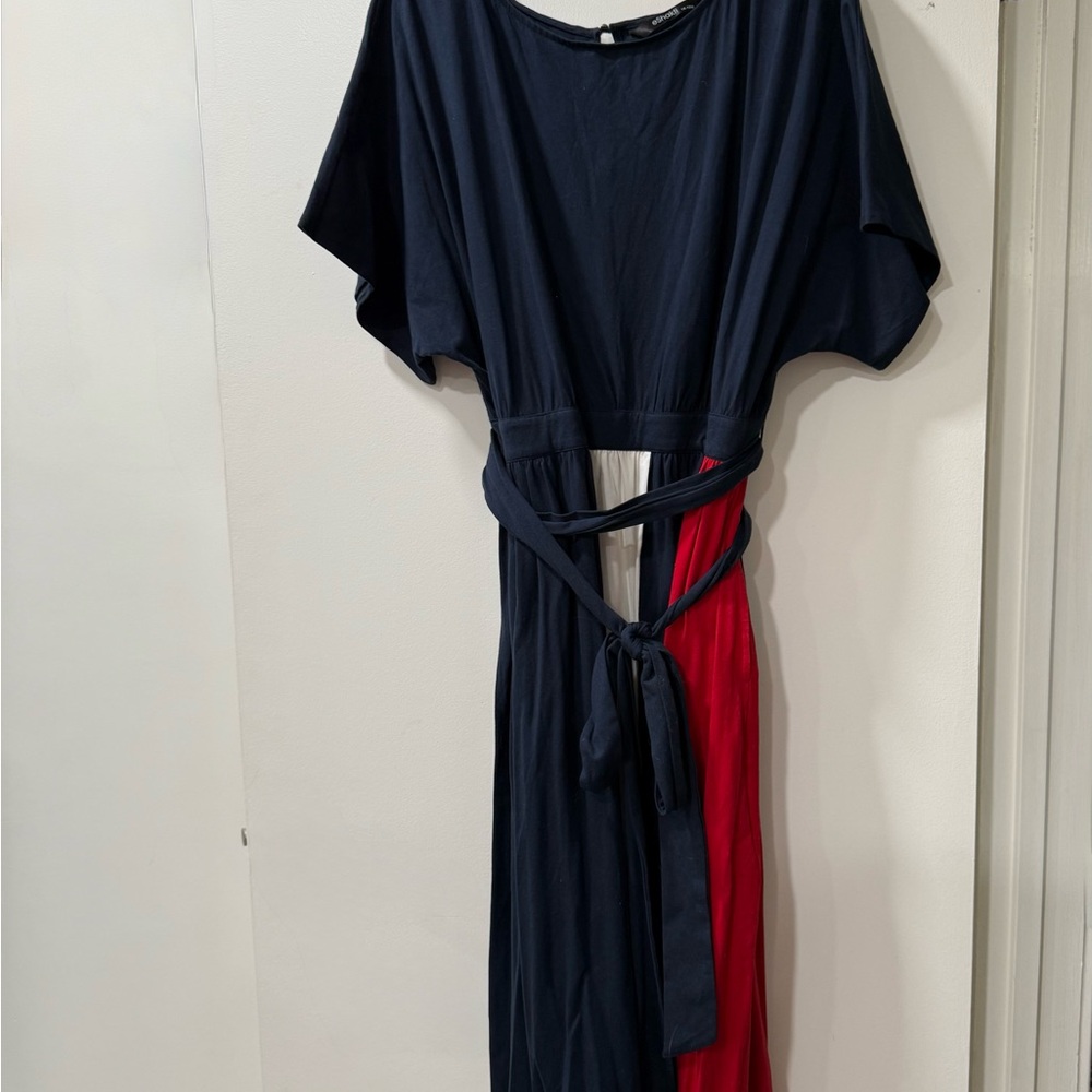eShakti Navy and Red Colorblock Midi Dress - Picture 3 of 5